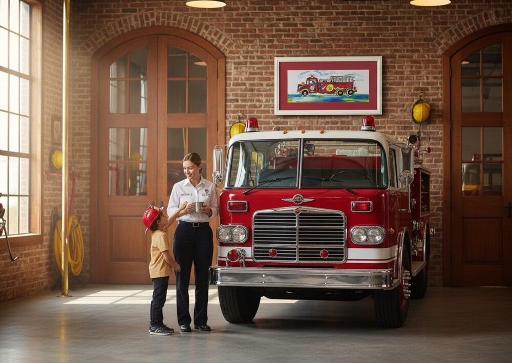 Joy Alldredge Red Fire Truck 10x20 Children's Signed Framed Art Print